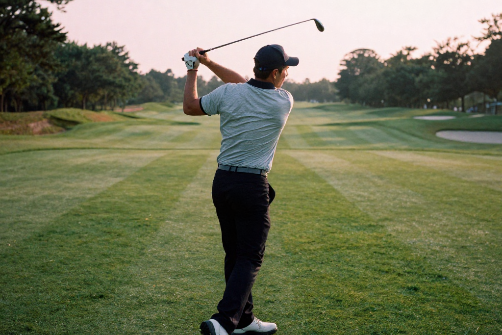 Golfeur analysant calmement son drive raté sur le fairway verdoyant, posture confiante face au soleil levant, symbolisant la résilience mentale et la transformation de l'échec en sport au golf.